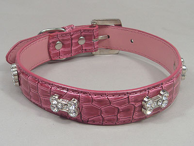 Bones Rhinestone Leather Collar - Magenta