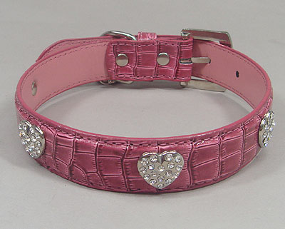 Hearts Rhinestone Leather Collar - Magenta