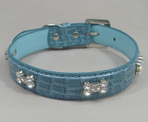 Bones Rhinestone Leather Collar - Blue