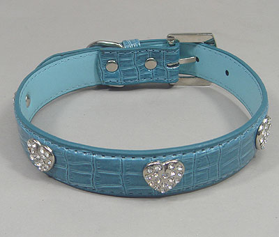 Hearts Rhinestone Leather Collar - Blue