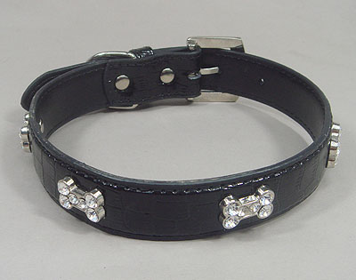 Bones Rhinestone Leather Collar - Black