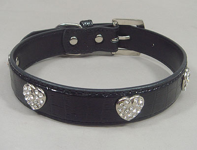Hearts Rhinestone Leather Collar - Black