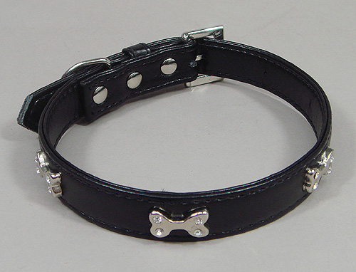 Bones Rhinestone Leather Collar - Black