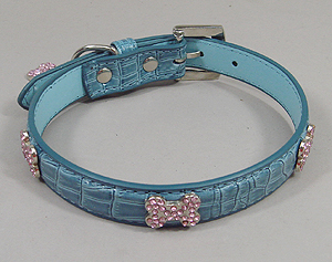 Bone Rhinestone Leather Collar - Blue