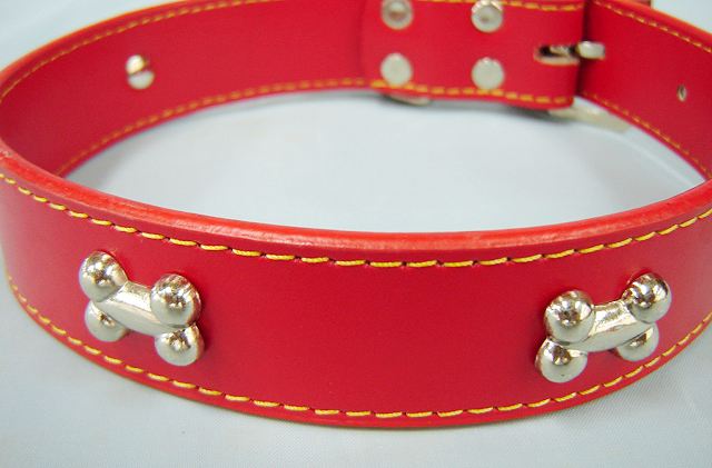 Silver Bone Inlay Red Leather Collar
