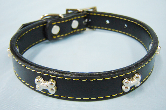 Silver Bone Inlay Black Leather Collar